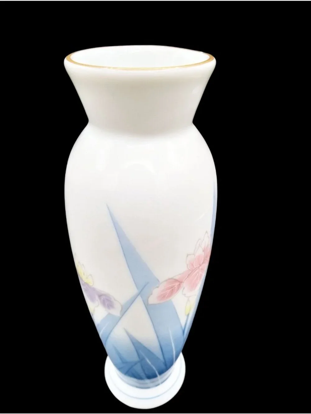 Japanese Porcelain Vase Vintage Kozan Gama Blue Iris Floral Gold Trim 6.75